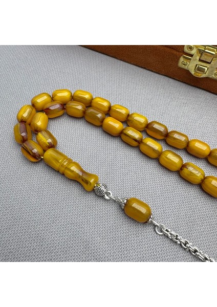 Alpaka Püsküllü Renk Alan Simli Dik Damar Haleri Sıkma Kehribar Tespih