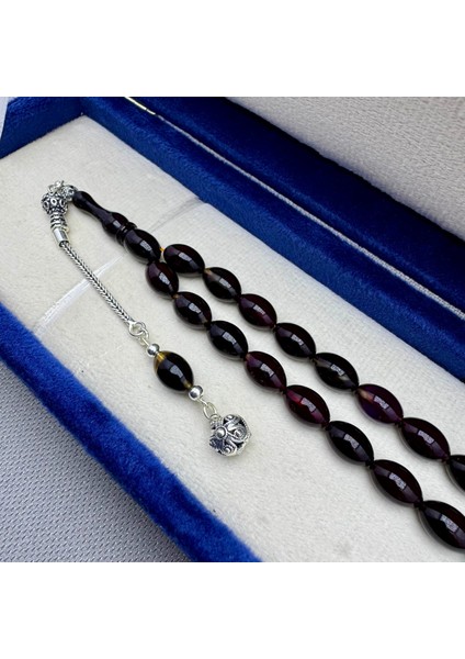 Babalar Günü Özel 925 Ayar Gümüş Püsküllü Mor Hareli Sıkma Kehribar Tespiha