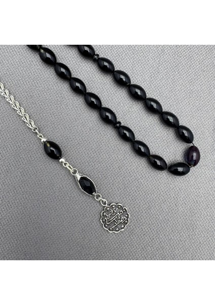 925 Ayar Gümüş Püsküllü Siyah Mor Hareli Sıkma Kehribar Tespih