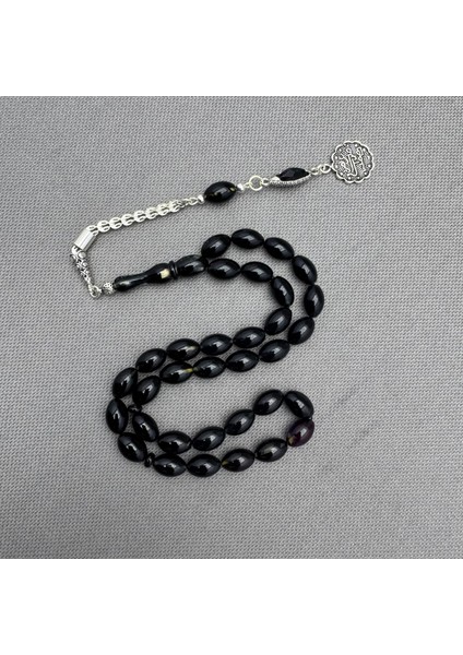 925 Ayar Gümüş Püsküllü Siyah Mor Hareli Sıkma Kehribar Tespih fiyatları