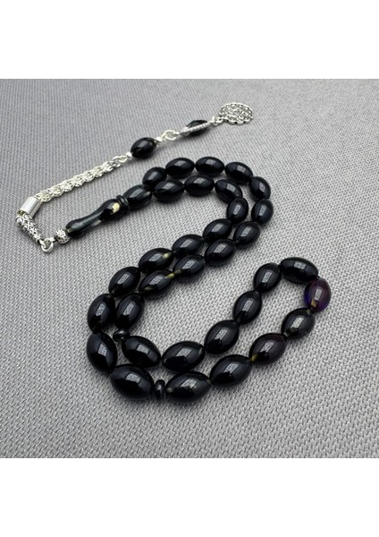 925 Ayar Gümüş Püsküllü Siyah Mor Hareli Sıkma Kehribar Tespih fırsatları