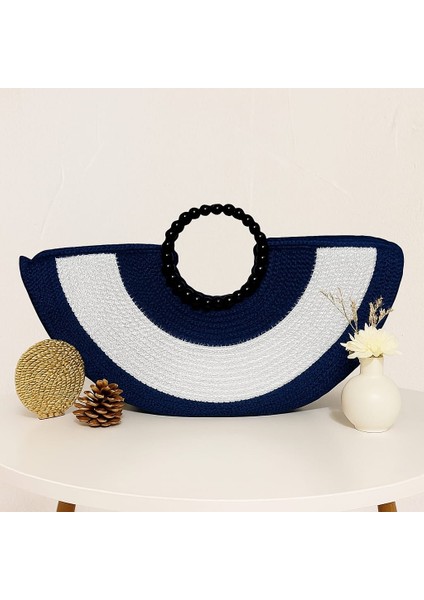 El Yapımı Nazar Boncuğu Desenli Çanta, Siyah Boncuk Halka Saplı Lacivert Beyaz Hasır Çanta