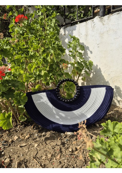 El Yapımı Nazar Boncuğu Desenli Çanta, Siyah Boncuk Halka Saplı Lacivert Beyaz Hasır Çanta modelleri