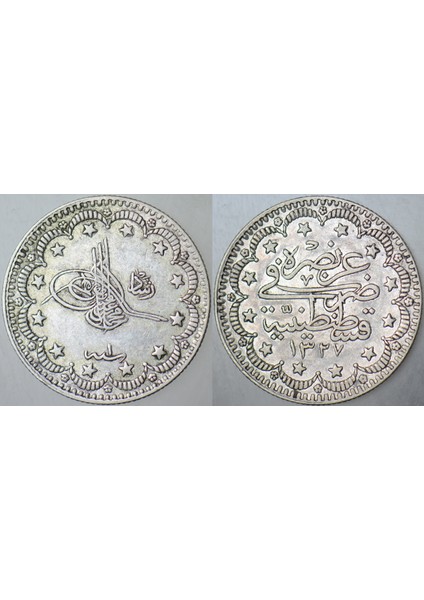 Sultan V. Mehmed Reşad Gümüş 5 Kuruş 1327/1 Istanbul Darbı. Çilaltı