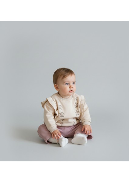 Fırfır ve Nakış Detaylı Ekru Bebek Sweatshirt ve Gül Kurusu Eşofman Takımı