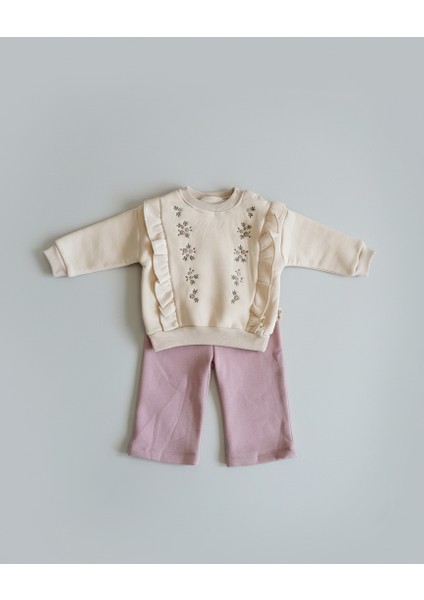 Fırfır ve Nakış Detaylı Ekru Bebek Sweatshirt ve Gül Kurusu Eşofman Takımı fiyatları