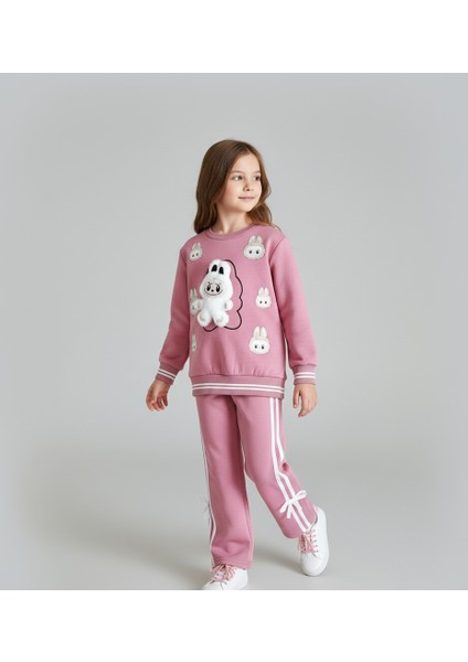 3 Iplik Şardonlu Labubu Oyuncaklı ve Kurdeleli Pembe Kız Çocuk Eşofman Takımı