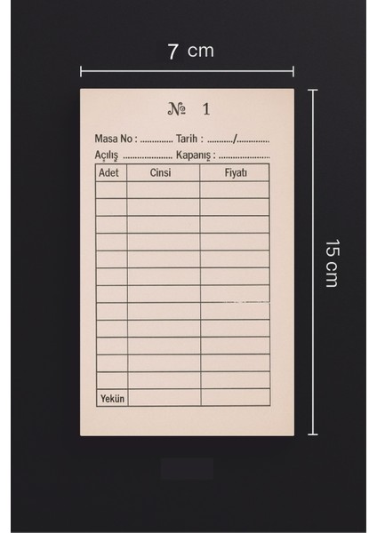 Sam Adisyon Bilgi Fişi, Adisyon Defteri Ölçüsü: 7X15 Cm. 100 Yapraklı, Numaralı 36 Cilt (3 Düzine)