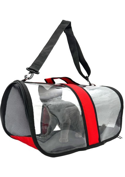 Şeffaf Omuz Askılı Fileli Evcil Hayvan Taşıma Çantası, Kırmızı Renk