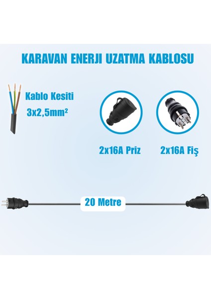 Karavan Elektrik Girişi Uzatma Kablosu 20 Metre 2x16A Fiş - 2x16A Fiş modelleri