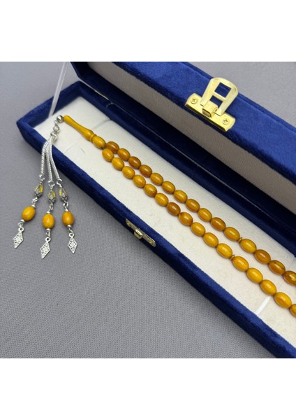 Özel Alpaka Dizayn Püsküllü Sarı Renk Dikey Yoğun Hareli Sıkma Kehribar Tespih