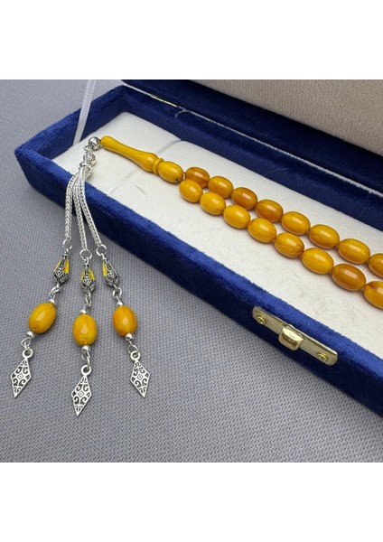 Özel Alpaka Dizayn Püsküllü Sarı Renk Dikey Yoğun Hareli Sıkma Kehribar Tespih fiyatları