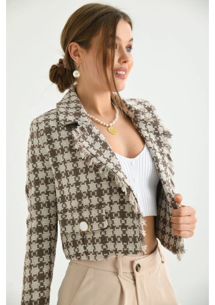 Kadın Ceket Düğme Detaylı Tüvit Crop Blazer Ceket Bej - KRN37 fiyatları
