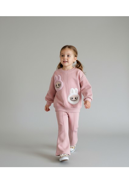 3 Iplik Şardonlu Peluş Labubu 2 Kafa Nakış Detaylı Toz Pembe Kız Çocuk Takımı