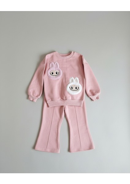 3 Iplik Şardonlu Peluş Labubu 2 Kafa Nakış Detaylı Toz Pembe Kız Çocuk Takımı fiyatları