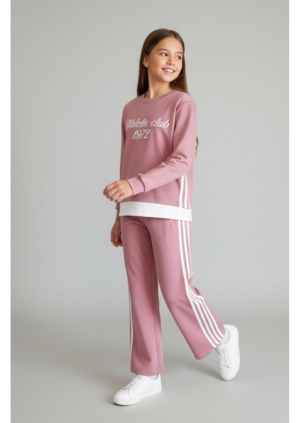 "athletic Club" Baskılı, Üç Çizgili Pembe-Beyaz Geniş Paça Kız Çocuk Eşofman Takımı