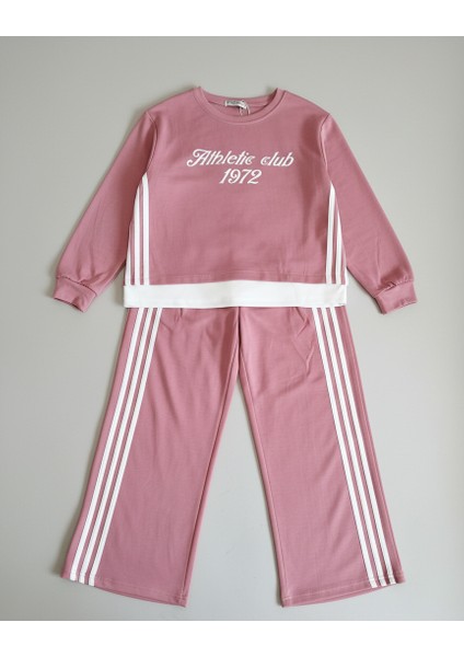 "athletic Club" Baskılı, Üç Çizgili Pembe-Beyaz Geniş Paça Kız Çocuk Eşofman Takımı modelleri