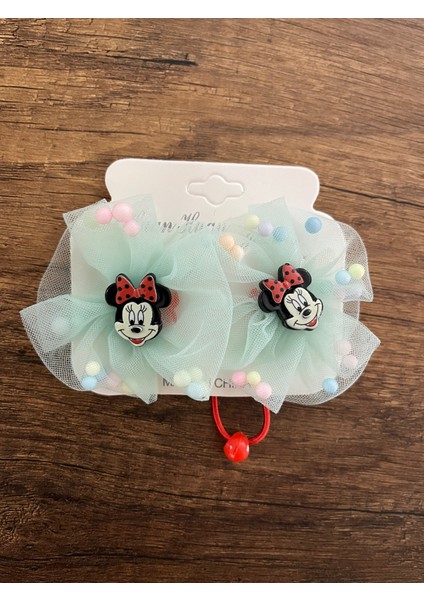 Kız Çocuk Minnie Mouse Mickey Mouse Boncuk Tüllü Simli 1 Çift Lastik Toka Mini Miki Maus