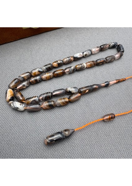 Usta Işçilikli Kahverengi Gri Beyaz Renk Geçişli Yoğun Hareli Sıkma Kehribar Tespih