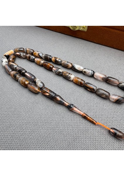 Usta Işçilikli Kahverengi Gri Beyaz Renk Geçişli Yoğun Hareli Sıkma Kehribar Tespih indirimleri