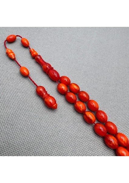 Usta Işçilikli Yoğun Hareli Mercan Renk Sıkma Kehribar Tespih indirimleri