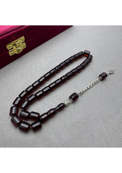 Alpaka Püsküllü Havşa Delim Vişne Rengi Sıkma Kehribar Tespih