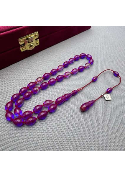 Faaris Beydun Bordo Mavi Beyzi Renk Süzmesi Sıkma Kehribar Tespih