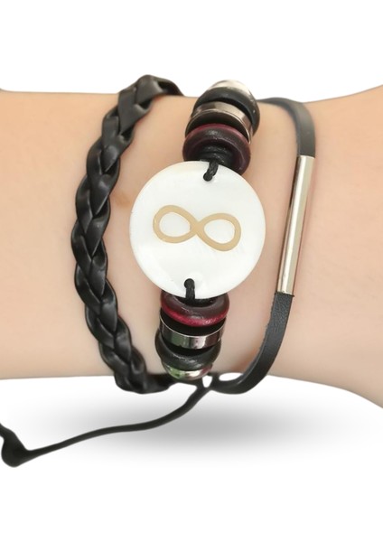Zarif Kadın Için Siyah Sonsuzluk Tasarımlı Çoklu Deri Bileklik