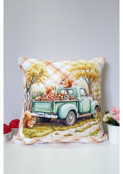 Sonbahar Yolculuğu Vintage Kamyonetli Kırlent Kılıfı - 43X43CM