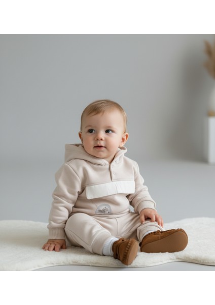 3 İplik Şardonlu Kapüşonlu Bebek Eşofman Takımı