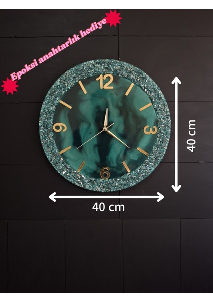 Duvar Saati - 40CM - Modern Dekoratif Duvar Saati - Epoksi Duvar Saati - El Yapımı Duvar Saati-Yeşil Golde Saat