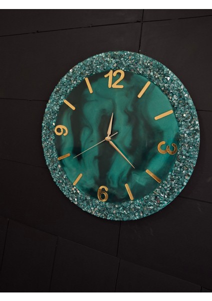 Duvar Saati - 40CM - Modern Dekoratif Duvar Saati - Epoksi Duvar Saati - El Yapımı Duvar Saati-Yeşil Golde Saat modelleri