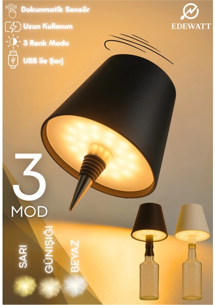 Kablosuz Şişe Lambası - Şarjlı Abajur Masa Işığı Dokunmatik Şişe Için LED Siyah Beyaz Seçenek