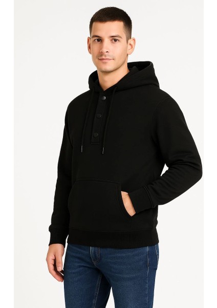 Erkek Ovarsize Kapüşonlu Swetshirt Kanguru Çepli Cıtcıtlı 3 Iplik Şardonlu Hoodie - Siyah