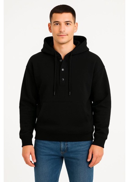 Erkek Ovarsize Kapüşonlu Swetshirt Kanguru Çepli Cıtcıtlı 3 Iplik Şardonlu Hoodie - Siyah fiyatları