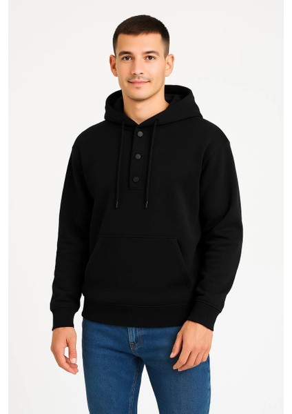 Erkek Ovarsize Kapüşonlu Swetshirt Kanguru Çepli Cıtcıtlı 3 Iplik Şardonlu Hoodie - Siyah modelleri
