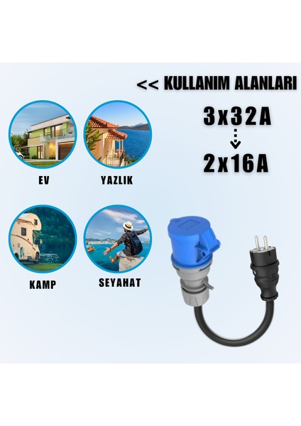 7,4kW Elektrikli Araç Şarj Cihazı için 50Cm Monofaze Fişli Dönüştürücü Adaptör modelleri