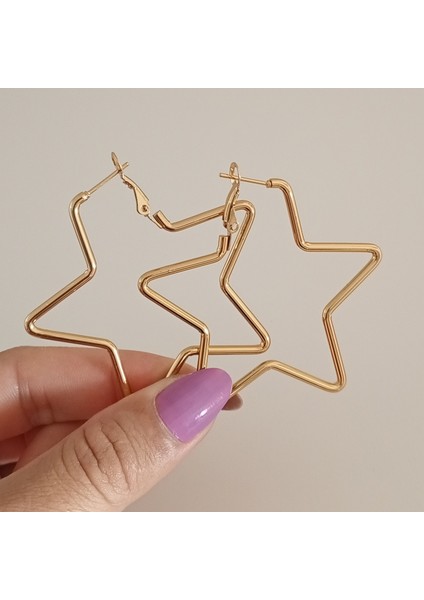 Çelik Gold Yıldız Küpe 5cm