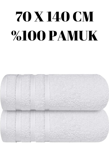 Beyaz Ikili Banyo Duş Havlu Seti %100 Pamuk Üç Çizgi Desenli 70 x 140 cm