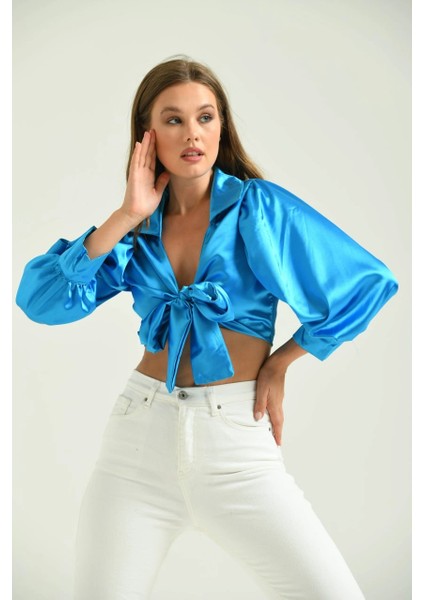 Kadın Saten Gömlek Önden Bağlamalı Vatkalı Crop Saten Gömlek Turkuaz - T092