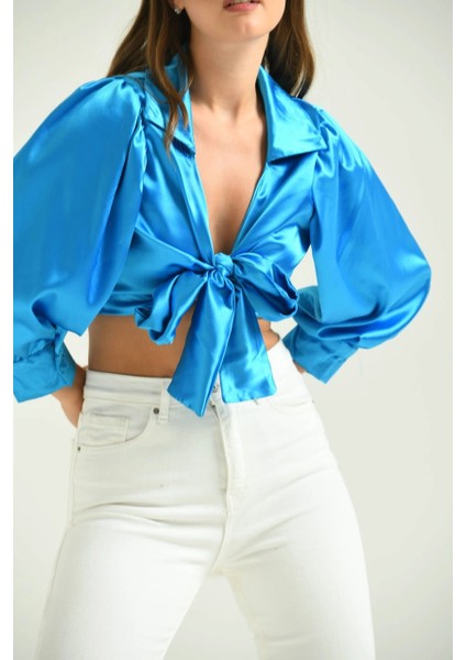 Kadın Saten Gömlek Önden Bağlamalı Vatkalı Crop Saten Gömlek Turkuaz - T092 fiyatları