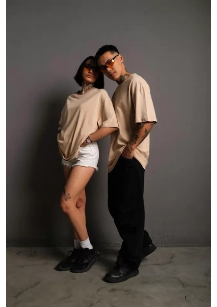 Erkek 24/1 Düz Oversize T-Shirt - Bej fiyatları