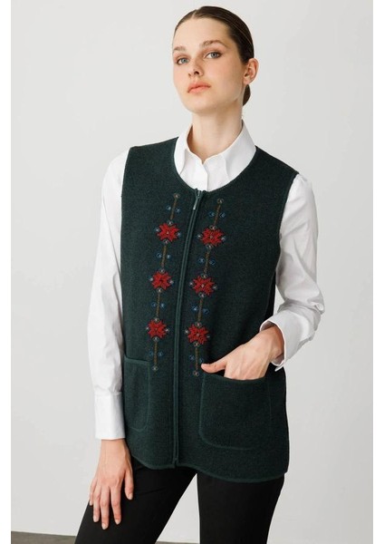25001 Desen Triko Önü Klim Nakış Işlemeli Sıfır Yaka Fermuarlı Kısa Yelek fiyatları