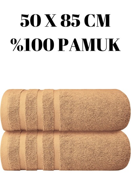 Açık Kahverengi Iki Adet El Yüz Havlusu Seti %100 Pamuk 50 x 85 cm Üç Çizgi Desenli Bej Renk