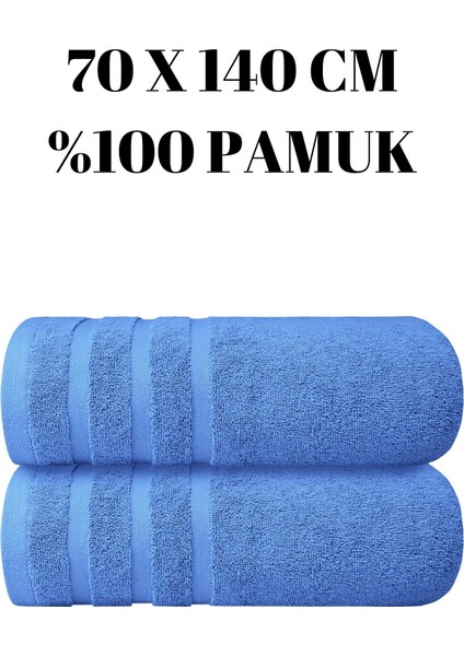 Mavi Ikili Banyo Duş Havlu Seti %100 Pamuk Üç Çizgi Desenli 70 x 140 cm