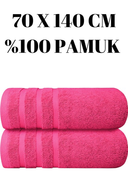 Şeker Pembesi Iki Adet Banyo Duş Havlu Seti %100 Pamuk Üç Çizgi Desenli 70 x 140 cm