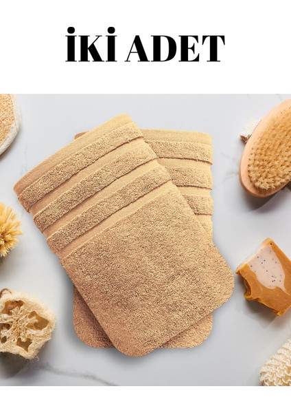 Bej Ikili Banyo Duş Havlu Seti %100 Pamuk Üç Çizgi Desenli 70 x 140 cm fiyatları