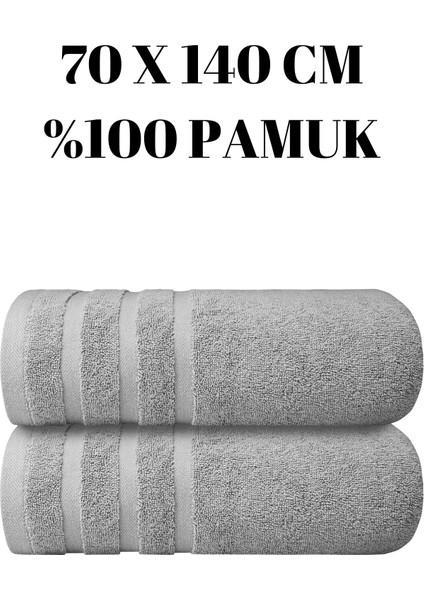 Gri Ikili Banyo Duş Havlu Seti %100 Pamuk Üç Çizgi Desenli 70 x 140 cm