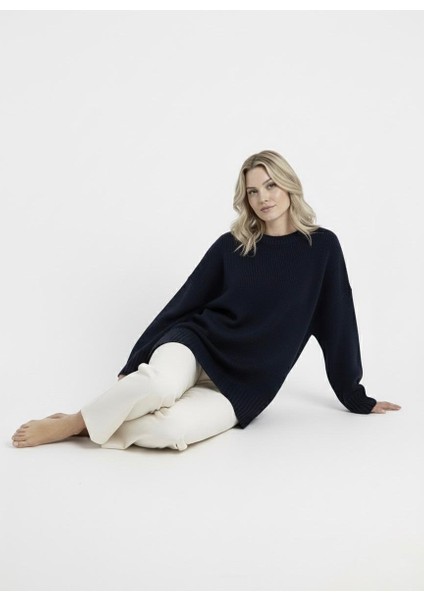 Basic Kadın Kazak Lacivert Oversize