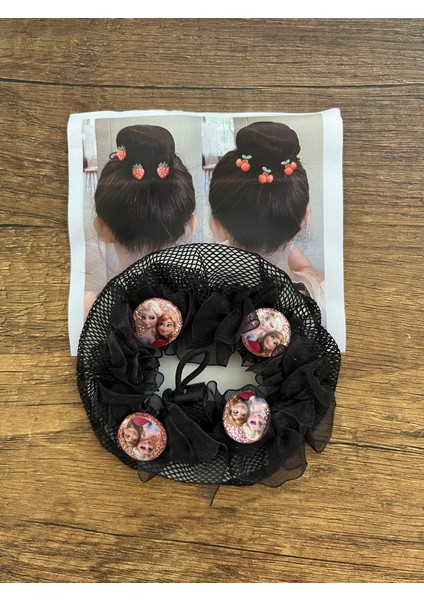 Kız Çocuk Anna Elsa Frozen Karlar Ülkesi Figürlü Tül Detaylı Siyah Balerin Tokası Topuz Tokası